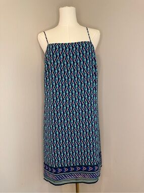 Maeve for Anthropologie Blue Geometric Spaghetti-Strap Mini Silk Slip Dress